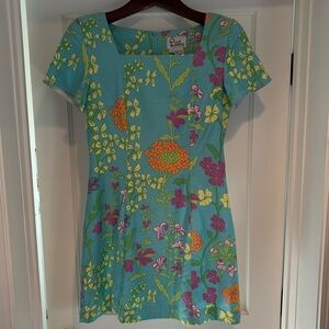 Lilly Pulitzer white label short sleeve square neck cotton dress in floral print